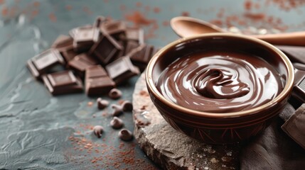 Bowl with tasty melted chocolate on table, copy space
