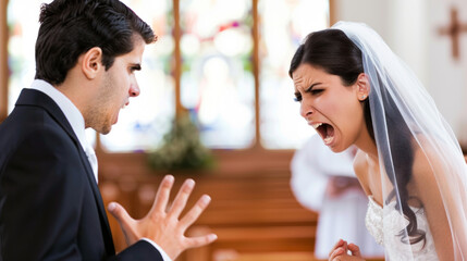 Bride and groom are mad at each other and accusing of cheating during wedding ceremony - obrazy, fototapety, plakaty