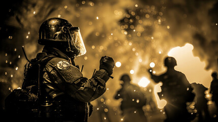 Naklejka premium Special police forces or army on the street, anti-riot operation, mopping up territory