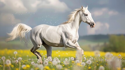 Beautiful white horse animal running fast on the field with dandelions blooming flower. AI generated