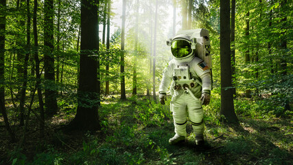 Returning astronaut and human from spaceship comes back to earth planet, nature and the environment have regenerated and recovered, re-inhabitable forest. New life globe.