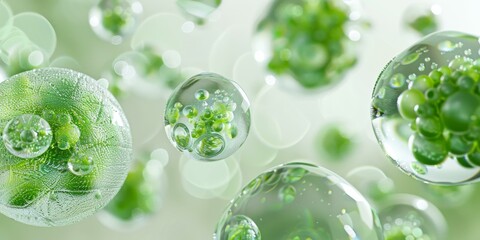 Green bubbles floating in a green background - obrazy, fototapety, plakaty