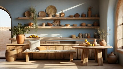 kitchen with blue wall and wooden shelves and table
