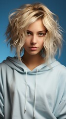 Fototapeta premium Portrait of a young blonde woman in a blue hoodie