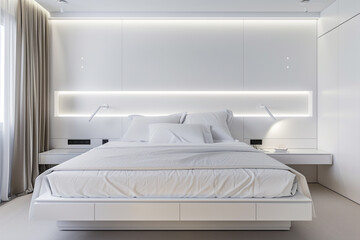 Modern white master bedroom with a streamlined design, a wall-to-wall headboard, and integrated bedside tables.