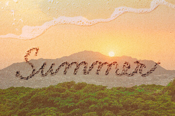 Hawaii summer Holiday concept,  with beach sunset, and Diamond Head Oahu background, double exposure