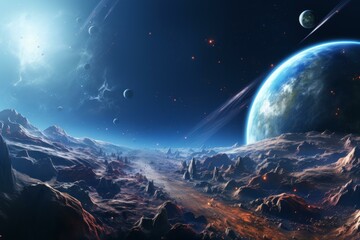 Rocky moon with blue atmosphere and blue and red planets in the sky