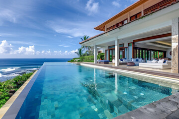 Oceanfront holiday villa with a sophisticated multi-tier terrace and infinity pool, offering luxurious relaxation and entertainment options.