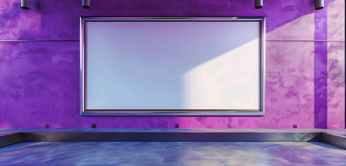 One large empty frame with a sleek chrome finish on a vibrant violet wall, illuminated by...