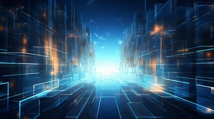 Futuristic business technology: illuminated workspace with cutting-edge computer equipment

