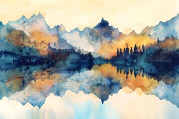 abstract watercolor mountains reflected river surface