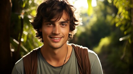 Portrait of a smiling young man with long brown hair and green eyes standing in a forest