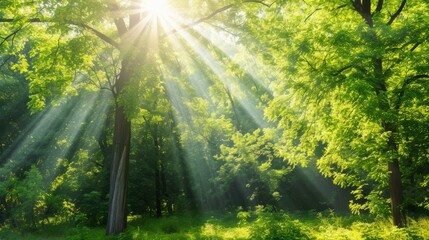 Sun shining through the trees in a lush green forest