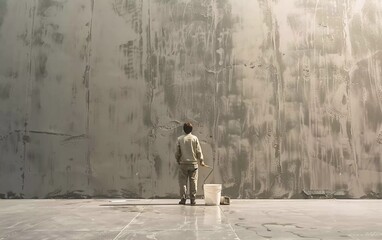 Rear view of painter painting a wall, with paint roller and bucket, isolated in large empty space