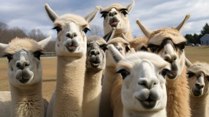 A group of curious llamas looking at the camera