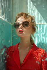 a lady wearing a red shirt with sunglasses, in the style of kidcore, dramatic use of color, sun-soaked colors, neo-geo