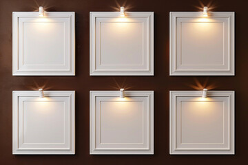 Six empty sleek white frames on a rich chocolate brown wall, with focused halogen lights...