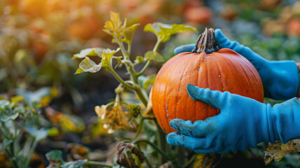 Close up farmer wear blue glove harvest organic pumpkin in farm.