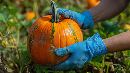 Farmer with blue glove picking fresh pumpkin in harvest time.