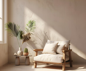 An wooden armchair with beige cushions, placed on the floor in front of an empty wall, next to it is a small round table and two vases filled with plants, creating a warm atmosphere