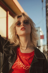 a lady wearing a red shirt with sunglasses, in the style of kidcore, dramatic use of color, sun-soaked colors, neo-geo