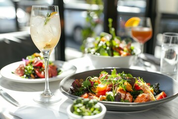 A glass of refreshing drink, a plate of appetizing entrees, and a bowl of healthy salad beautifully presented on a white table by a window with natural light streaming in.