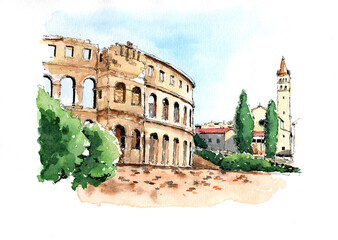Pula coliseum hand drawn ink and watercolor sketch