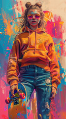 Fototapeta premium Illustration of a teenage girl with a skateboard, 