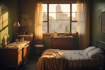 Fototapeta premium A bedroom with a bed, a sink, and a window