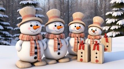 Four wooden snowmen stand in a snowy forest