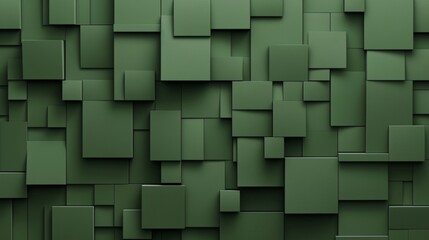 Abstract banner illustration of an army green 3D textured wall, composed of geometric squares and cubes, ideal for creating impactful textured wallpaper