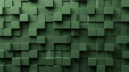 Abstract banner illustration of an army green 3D textured wall, composed of geometric squares and cubes, ideal for creating impactful textured wallpaper