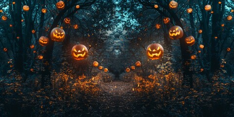 Halloween pumpkin archway in a spooky forest