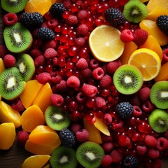 A variety of fruits including raspberries, blackberries, lemons, peaches and kiwi