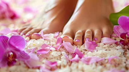 Pedicure on feet in a spa salon. Selective focus.
