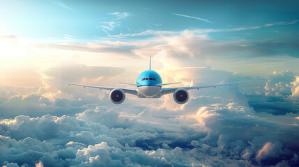 A commercial airplane flying high above the clouds during a vibrant sunset, showcasing the aircraft's front view with clear skies in the background.