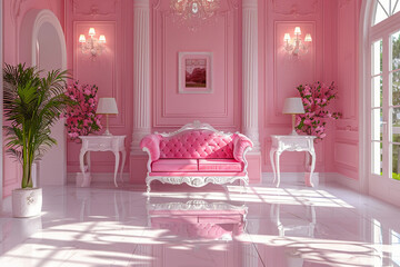 pink themed living room interior background
