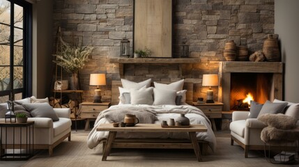 Cozy bedroom with fireplace and stone accent wall