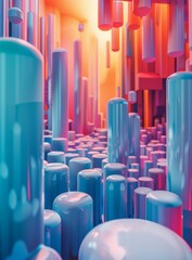 Obraz premium Blue and pink 3D rendering of a futuristic city
