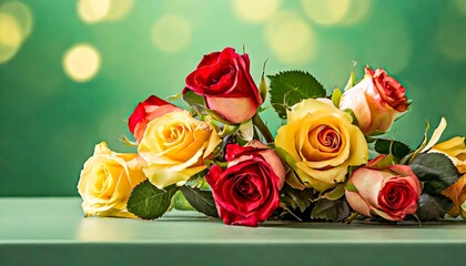 Vibrant Bouquet Of Red And Yellow Roses On A Green Background With Soft Bokeh Lights.