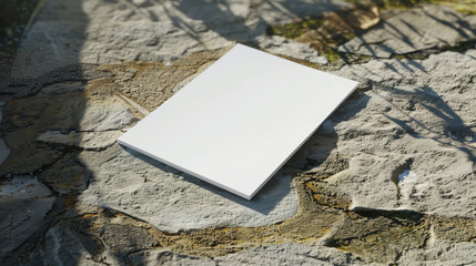 A blank white book lies open on a textured ground with shadows of leaves, suggesting a quiet, reflective moment in nature. - Powered by Adobe