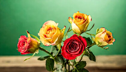 Stunning Display Of Red And Yellow Roses Against A Teal Background.