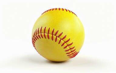 Bright yellow softball with red stitching isolated on white.