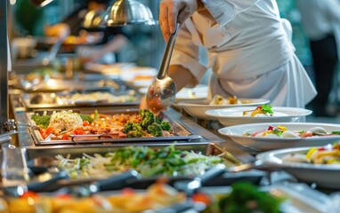 Chef serving food at a buffet station with various dishes.