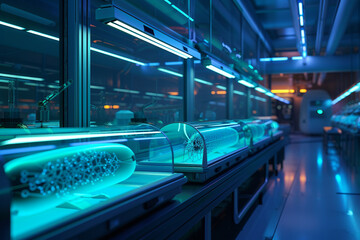 a biotech facility developing bioluminescent lighting solutions, showcasing genetically modified...