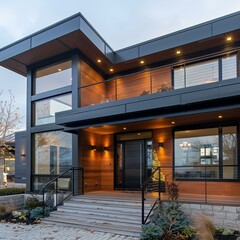 Black and Wooden Exterior House With Glass Windows