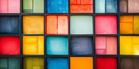 Colorful geometric shapes in a grid pattern