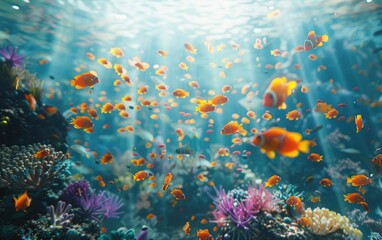 Sunlight filters through water, illuminating a vibrant coral reef bustling with colorful fish.