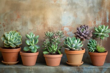 A perfectly balanced composition of various succulents in terracotta pots, set against a textured, earth-toned studio backdrop.