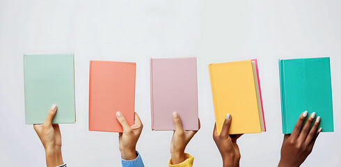 Plusieurs mains levées tenant des livres de différentes couleurs contre un fond clair